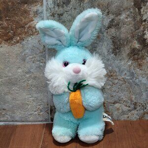 Vintage Kaybee Blue And White Bunny Rabbit Holding Carrot Plush